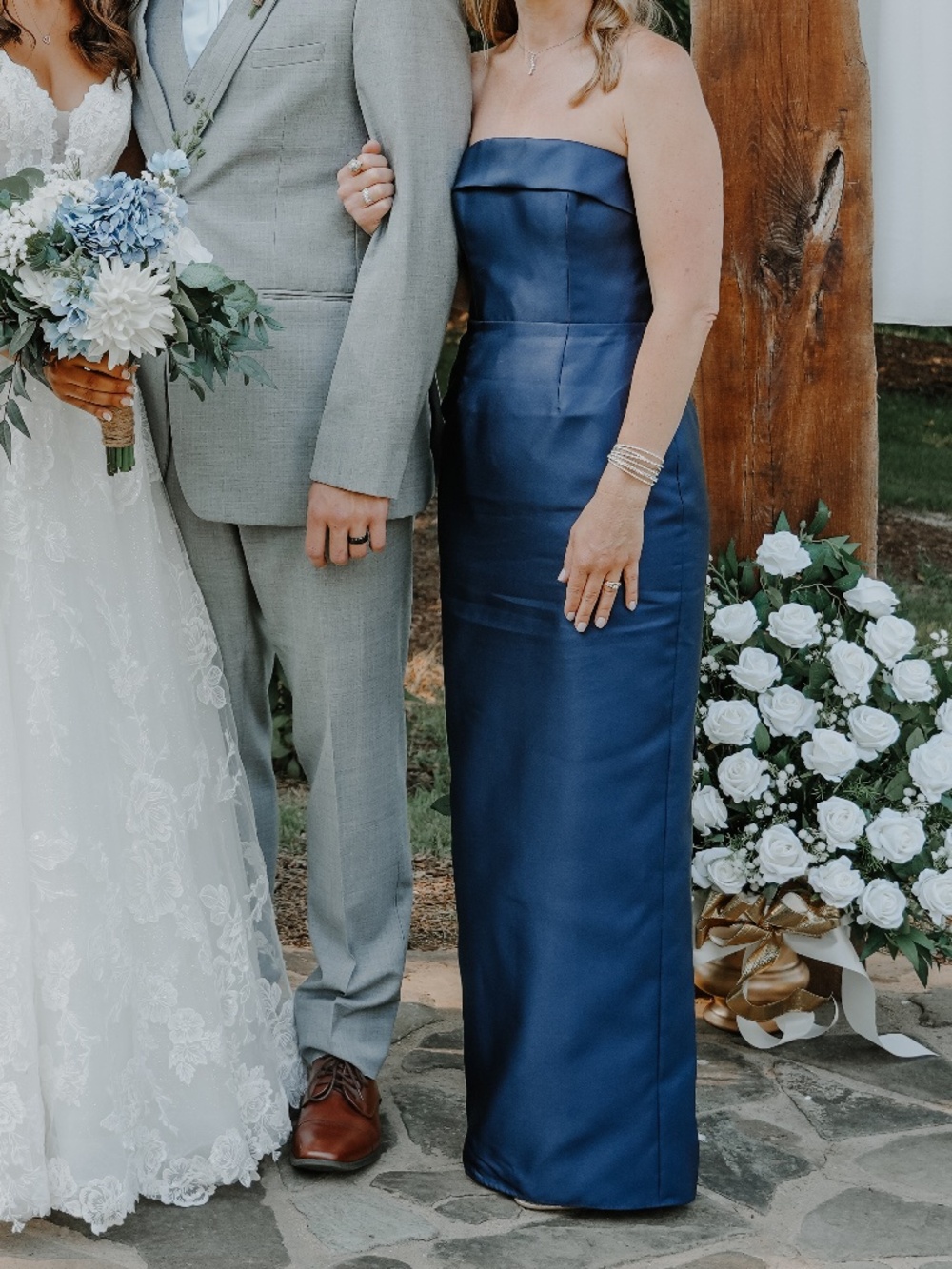 Alfred Sung Eliza Bow Back Strapless Satin Column Gown
